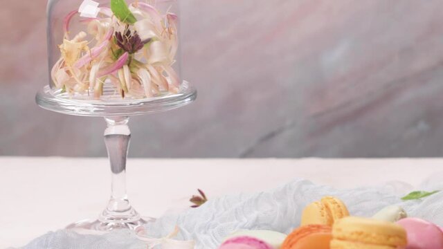 A french sweet delicacy, macaroons variety closeup. Color fresh macaroons on wooden background.