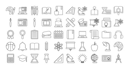 education school and university line style icon set vector design