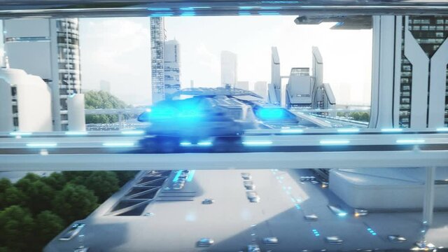 black futuristic electric car very fast driving in sci fi sity, town. Concept of future. Realistic 4k animation.