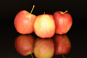 Red ripe apples, close-up, on a black background.