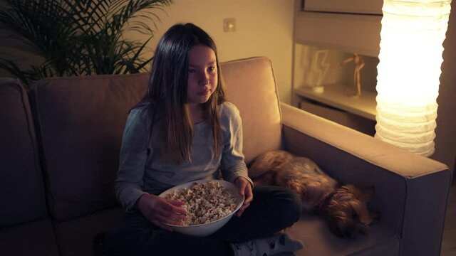 The girl carefully watches the TV with her cute dog.
