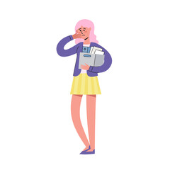 Sad woman sigh and holding box of stuff leaving work