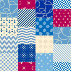 Seamless pattern. Patchwork pattern in marine style. Vector illustration.