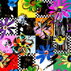abstract floral background, with squares, paint strokes and splashes, seamless