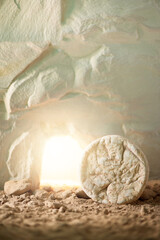 Jesus Christ resurrection. Christian Easter concept. Empty tomb of Jesus with light. Born to Die,...