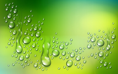 Water rain drops or condensation over blurred green nature background beyond the window, realistic transparent 3d vector illustration, easy to put over any background.