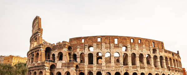 Rome Italy. Exterior of the Colosseum, famous for shows with gladiators in the Roman Empire,...