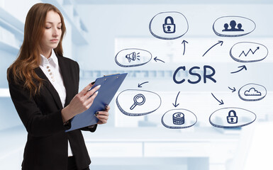 Business, technology, internet and network concept. Young businessman thinks over the steps for successful growth: CSR