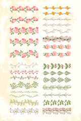 Big set of botanical repeat borders. Vintage pattern design with rose, yellow dandelion, leaf branch, lilac flower, cherry blossom, sweet pea, fern, pink peony for tape, paper, textile, postcard.