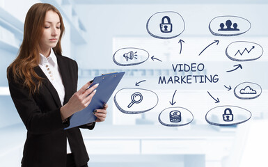 Business, technology, internet and network concept. Young businessman thinks over the steps for successful growth: Video marketing