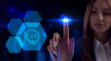 Business, Technology, Internet and network concept. Young businessman working on a virtual screen of the future and sees the inscription: