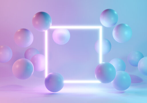 Balloons with neon lights on pastel colors background. 3d rendering © Anton