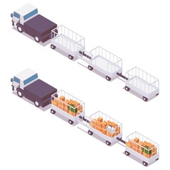 Isometric set airport luggage trolley with a car for luggage of parcels, cargo, baggage to an airplane