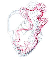 Beautiful futuristic illustration of human head made of dotted particles flow array, wavy shapes lines vector electronic soul of futuristic smart machines.