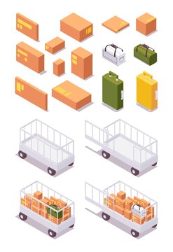 Isometric set airport luggage trolley for parcels, cargo, baggage to aircraft with boxes and bags of different type