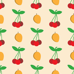 Flat seamless pattern with cherries and apricots drawn by hand. Vector illustration.