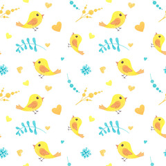 Watercolor Easter seamless pattern with yellow chicken, blue branches and flowers. Happy Easter pattern.