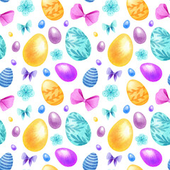 Watercolor Easter seamless pattern with eggs, flowers and bows on white background. Yellow, blue, purple and violet colors. Cute texture for your ester design.