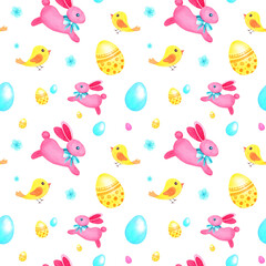 Hand drawn watercolor seamless Easter pattern with eggs, bunnies, chickens on white background isolated. Yellow, blue, pink colors. Nice texture for your easter design.