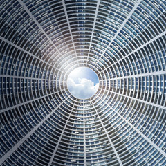 Composition, courtyard of a skyscraper with satellite dishes