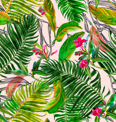Seamless Pattern Hand Painted Watercolor Artwork Illustration Palm Leaves Tropical Jungle with Pink Small Flowers 