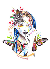 Fantasy girl with blue hair, butterflies and flowers. Doodle illustration.