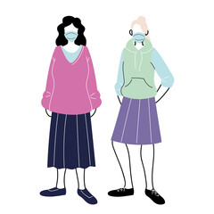 young women with medical masks standing on white background
