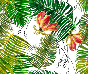 Naklejka premium Seamless Pattern Watercolor Hand Painted Artwork Illustration Red Flower Tropics with Palm Leaves