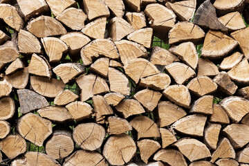 Chopped firewood storage under shed and oak wooden tree logs prepared for chopping and cutting at home backyard. Woodshed store at house yard.Timber material for heating alternative renewable energy