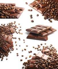 set chocolate and coffee beans on white background