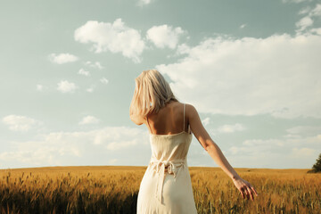 Beautiful blonde girl in wheat field in sunset time