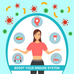 Boost your immune system concept vector illustration. Healthy woman reflect bacteria and virus attack. Medical prevention human boosters. Boost immunity with healthy lifestyle.