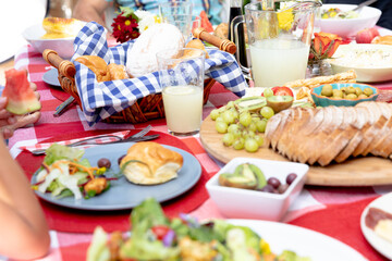 Close up view of a table set during a family lunch in the garden 
