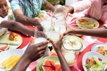 Senior African American couple and their family sitting by a table in the garden