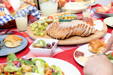 Close up view of a table set during a family lunch in the garden 
