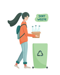 Eco vector illustration. Zero waste lifestyle. Young woman with plastic water bottles sort waste. Eco-friendly character. Save the planet. No plastic. Go Green. Flat isolated design