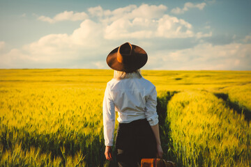 Beautiful blonde girl with suitcase in wheat field in sunset time