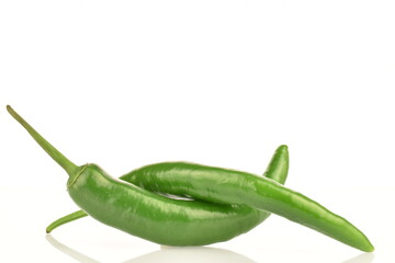 Green chili pepper, close-up, on a white background.
