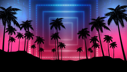 Empty dark tropical background of night sea beach, neon light, city lights. Silhouettes of tropical palm trees on a background of bright abstract sunset. Modern futuristic landscape. 3d illustration
