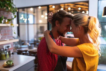 Caucasian couple spending time in the kitchen and cuddling 