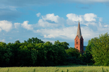 Closeup view on old brick church in south Poland, in Silesia