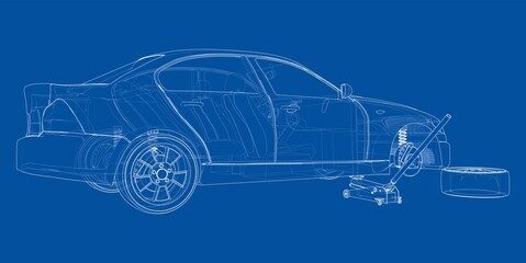 Fototapeta na wymiar Concept car with Floor Car Jack. Vector