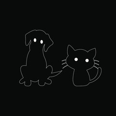 Cat with a dog icon. Vector silhouettes of pets in a subtle style. Creative linear sign or logo for veterinary clinic.