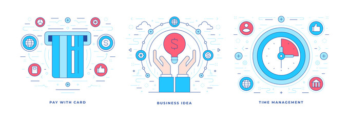 Line vector illustrations of modern solutions for successful business with icons for social media marketing banners