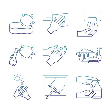 Cleaning service degraded line style icon set vector design