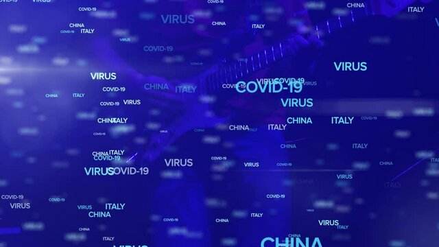 Digital composite video of  virus china italy text against man playing a electric guitar