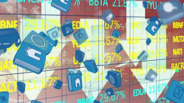 Digital composite video of social media icons moving against stock market data processing