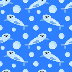 Cartoon seal on a blue background. Seamless vector pattern. Flat style