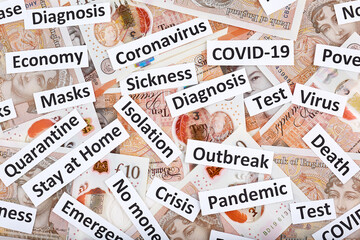 Coronavirus, COVID-19 headline clippings on United Kingdom 10 pounds banknotes