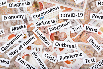 Coronavirus, COVID-19 headline clippings on United Kingdom 10 pounds banknotes